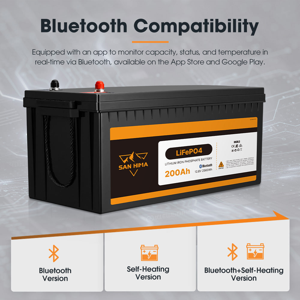 San Hima 12V 200Ah Lithium Iron Phosphate Battery LiFePO4 w/ Bluetooth Built-in BMS - Sunyee