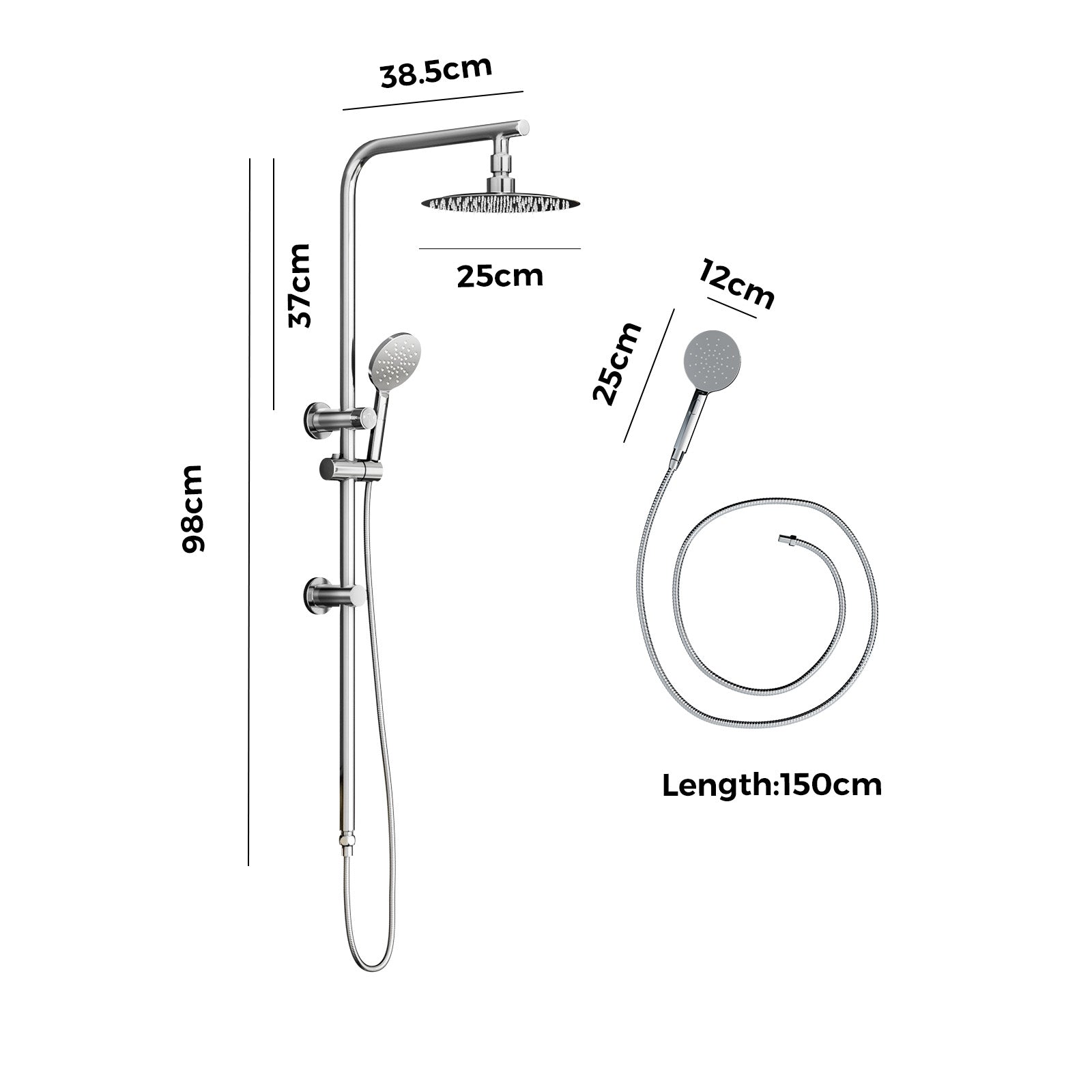 Welba 10" Rain Shower Head Set Round 3-Mode Handheld Shower Rail Set Chrome - Sunyee