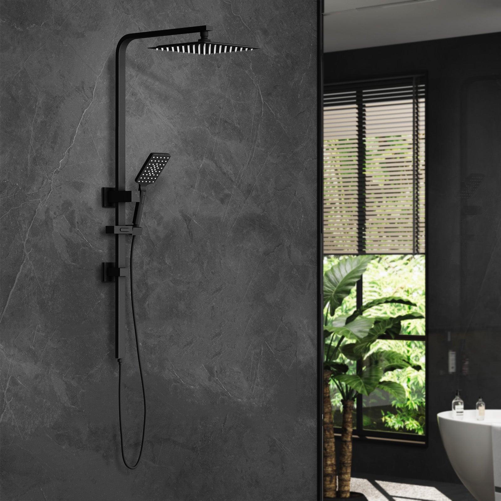Welba 10" Rain Shower Head Set Square 3-Mode Handheld Shower Rail Set Black - Sunyee