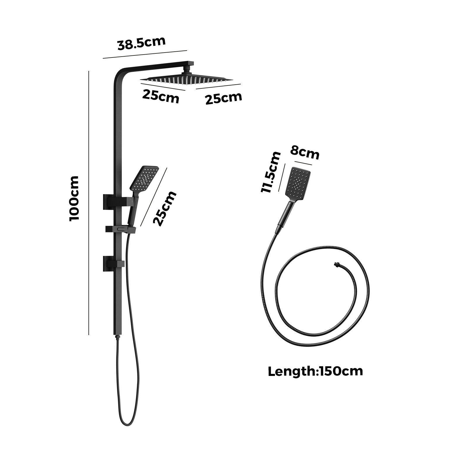 Welba 10" Rain Shower Head Set Square 3-Mode Handheld Shower Rail Set Black - Sunyee