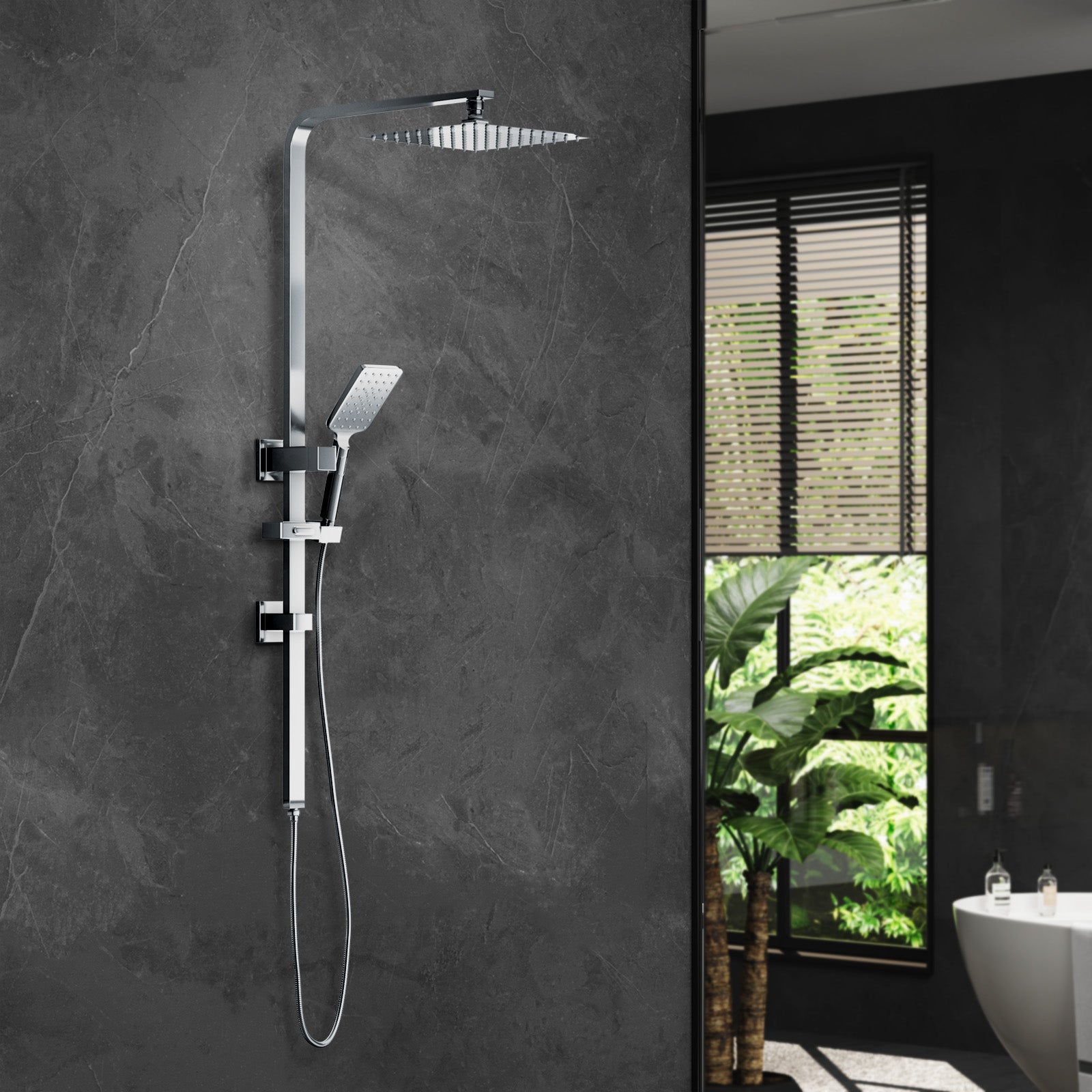 Welba 10" Rain Shower Head Set Square 3-Mode Handheld Shower Rail Set Chrome - Sunyee