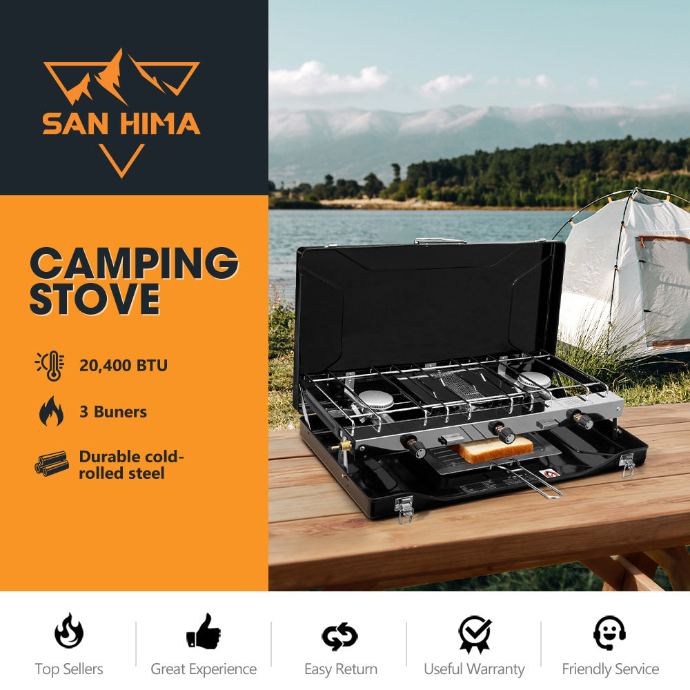 San Hima Camping Gas Stove Portable 3 Burner Outdoor BBQ Cooking 20400 BTU - Sunyee
