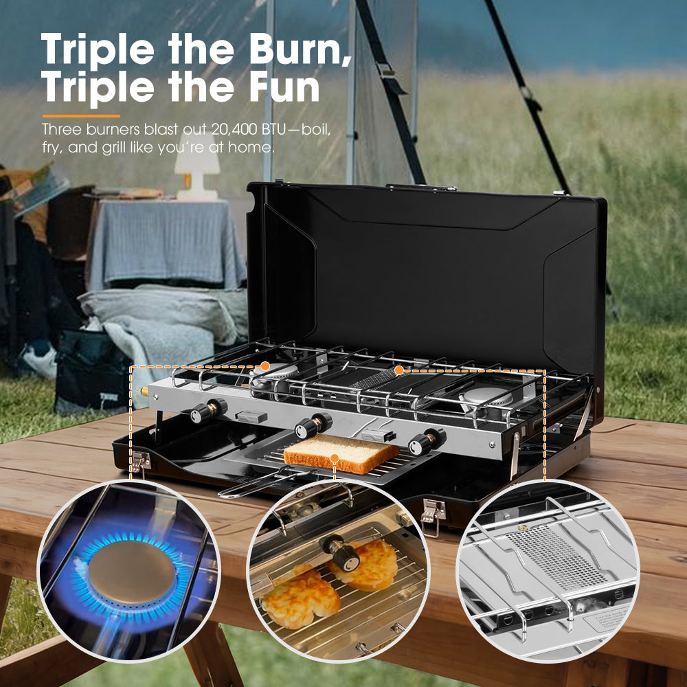 San Hima Camping Gas Stove Portable 3 Burner Outdoor BBQ Cooking 20400 BTU - Sunyee