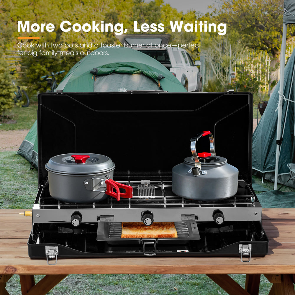 San Hima Camping Gas Stove Portable 3 Burner Outdoor BBQ Cooking 20400 BTU - Sunyee