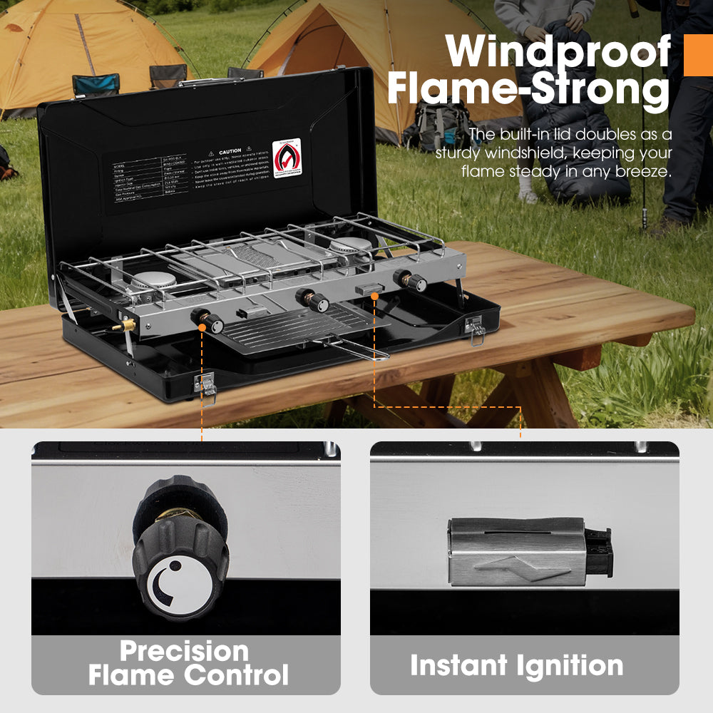 San Hima Camping Gas Stove Portable 3 Burner Outdoor BBQ Cooking 20400 BTU