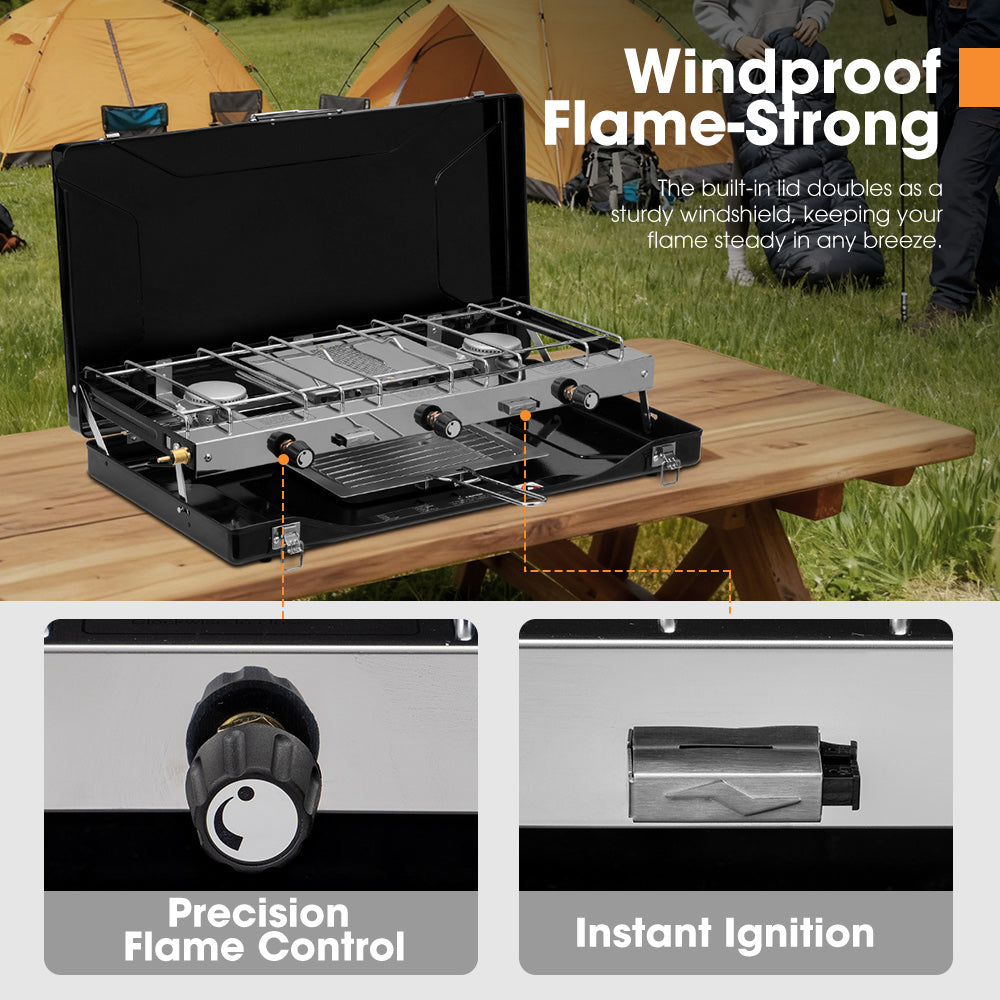 San Hima Camping Gas Stove Portable 3 Burner Outdoor BBQ Cooking 20400 BTU - Sunyee