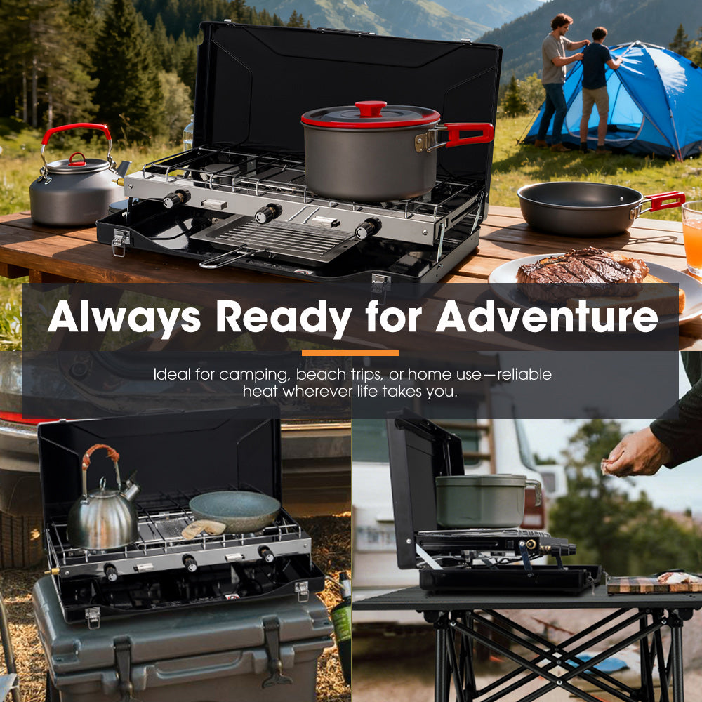 San Hima Camping Gas Stove Portable 3 Burner Outdoor BBQ Cooking 20400 BTU - Sunyee