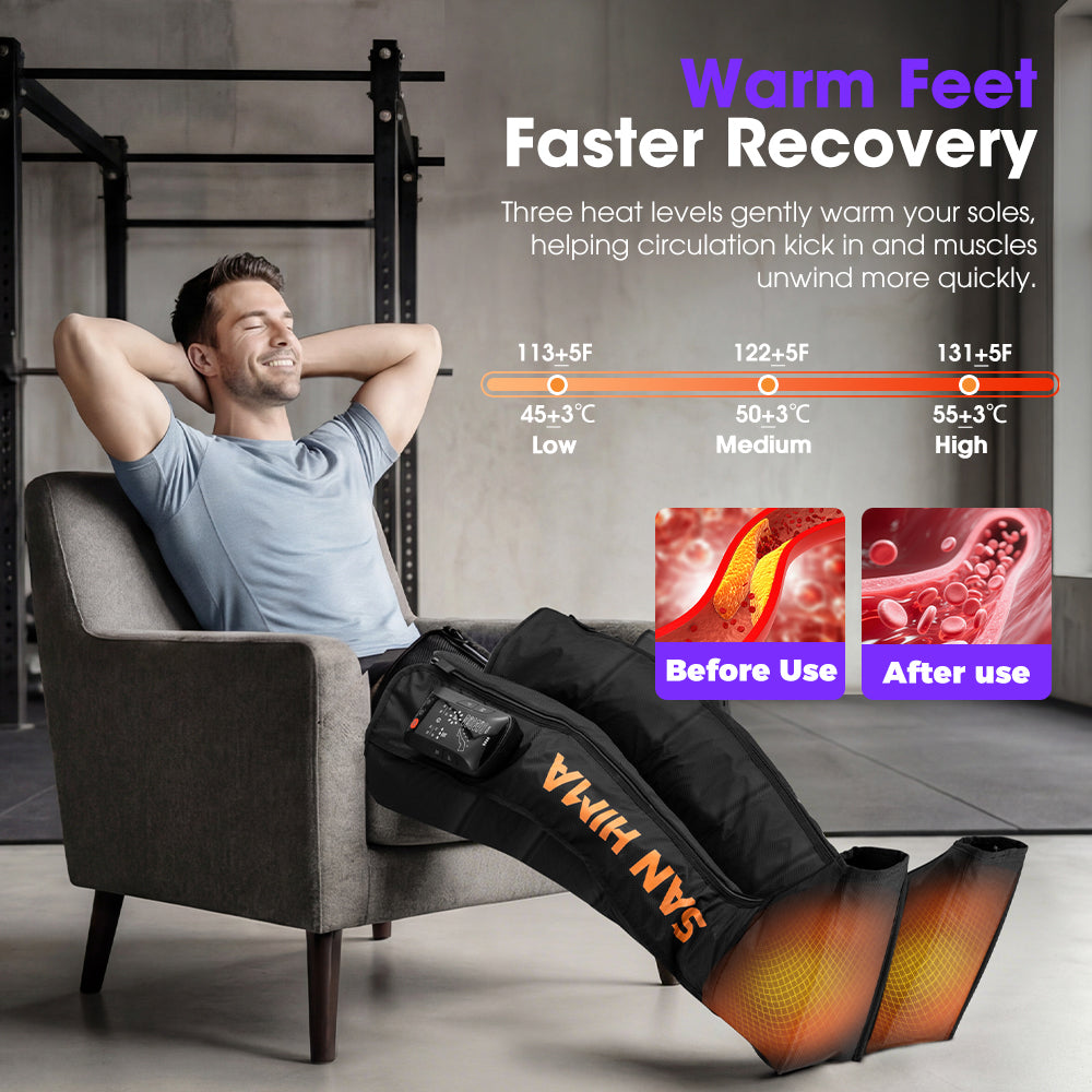 San Hima Air Compression Recovery Boots Cordless 3 Foot Heat Leg Massager Large