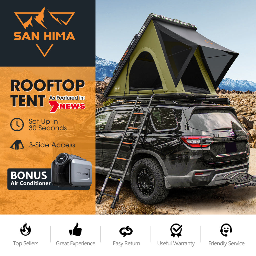 San Hima Kalbarri Lite Gen 2 Rooftop Tent Olive + Rack + Cybertake Air Conditioner S2 Pro