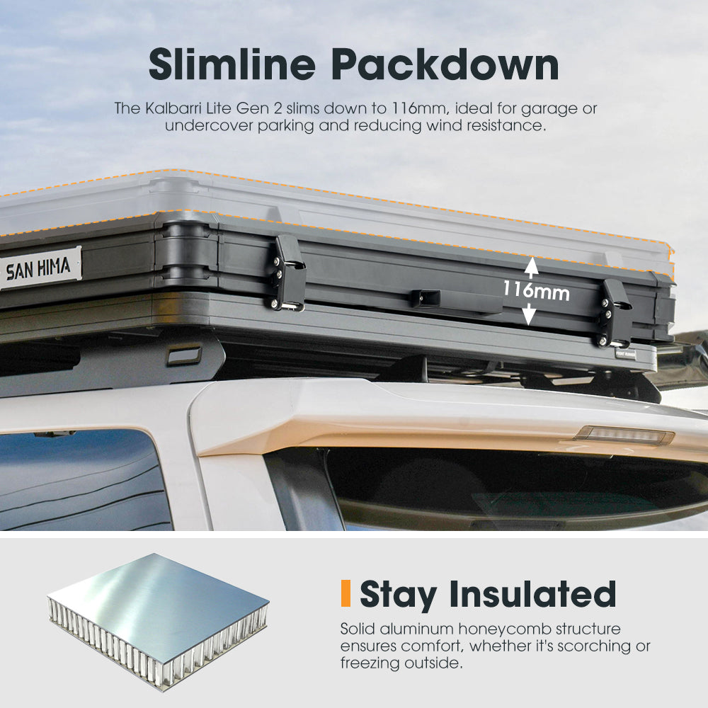 San Hima Kalbarri Lite Gen 2 Rooftop Tent Grey + Rack + Cybertake Air Conditioner S2 Pro