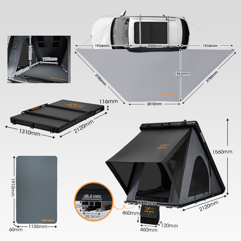 San Hima 180° Free-Standing Awning + Kalbarri Lite Gen 2 Rooftop Tent +Roof Rack