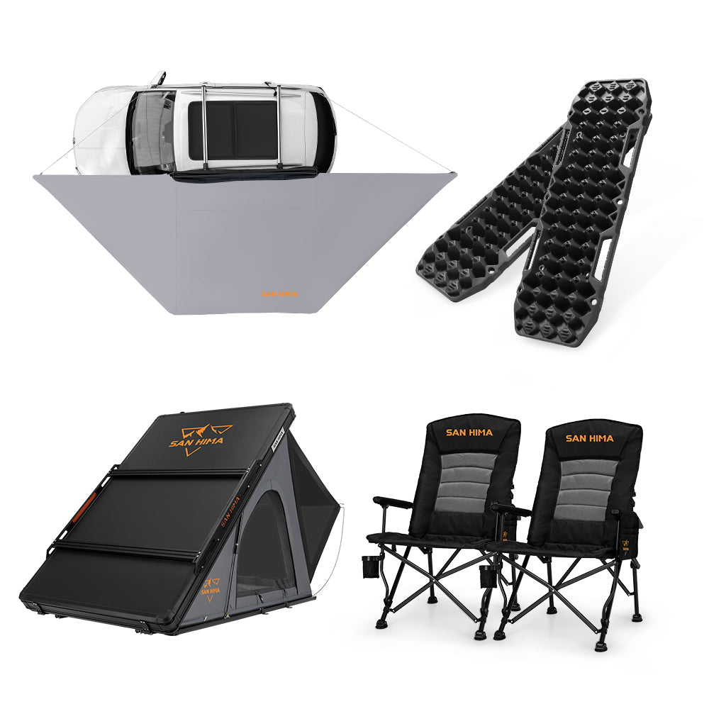 San Hima 180° Awning+Rooftop Tent&Rack+2xCamping Chairs+2xRecovery Boards Black - Sunyee