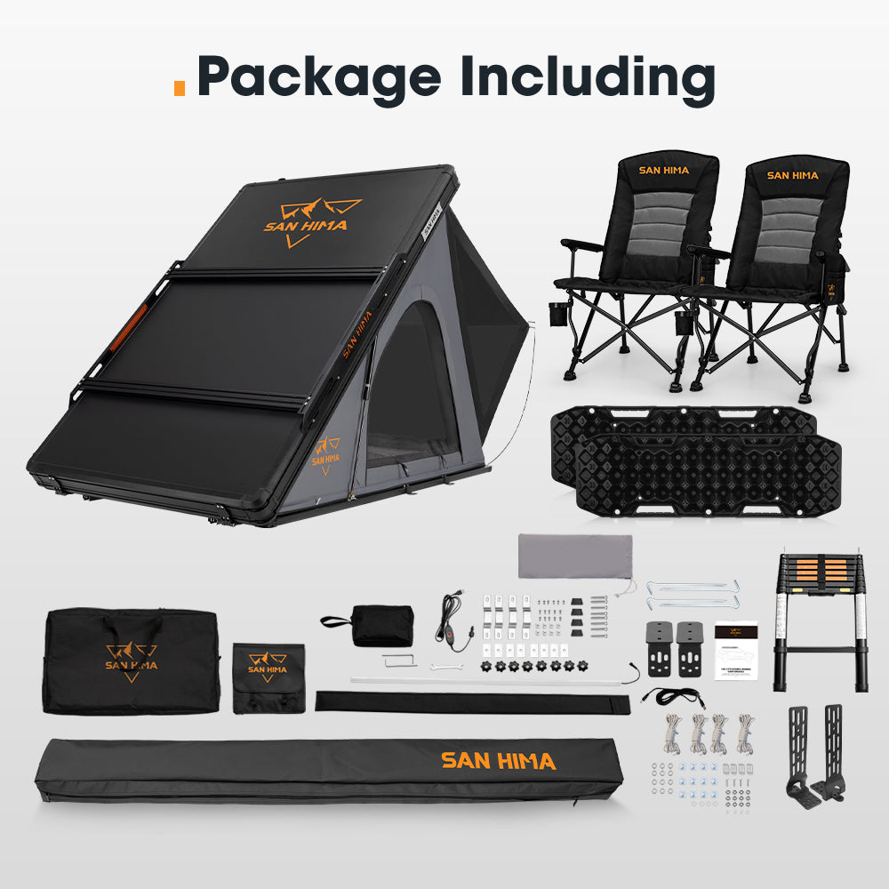San Hima 180° Awning+Rooftop Tent&Rack+2xCamping Chairs+2xRecovery Boards Black - Sunyee