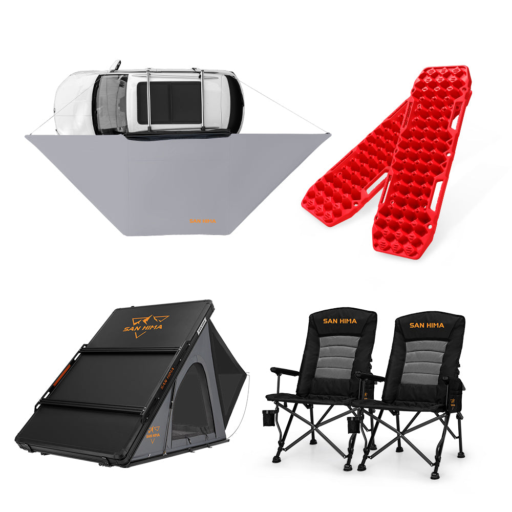 San Hima 180° Awning+Rooftop Tent&Rack+2xCamping Chairs+2xRecovery Boards Red - Sunyee