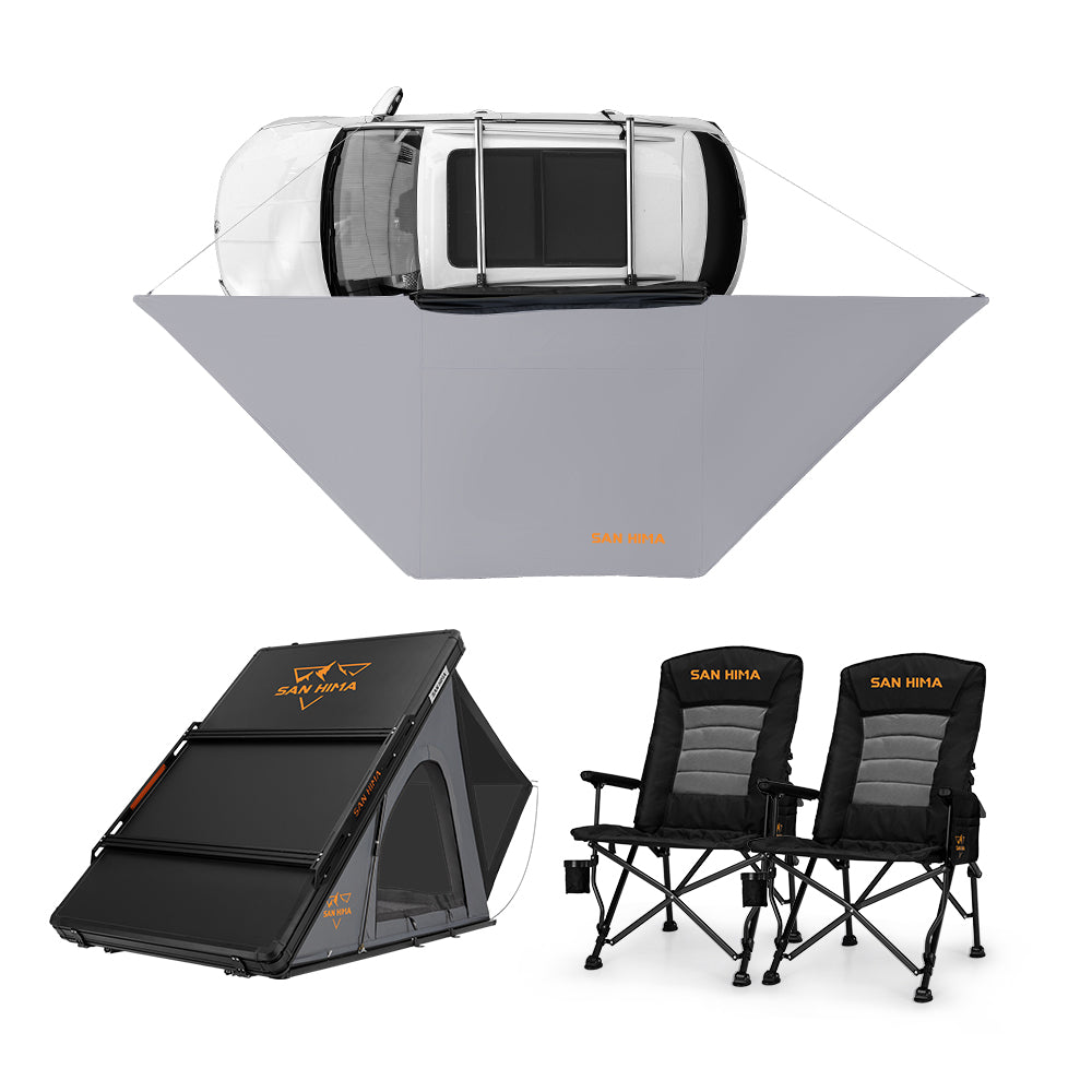 San Hima 180° Free-Standing Awning + Rooftop Tent + Roof Rack + 2xCamping Chairs - Sunyee