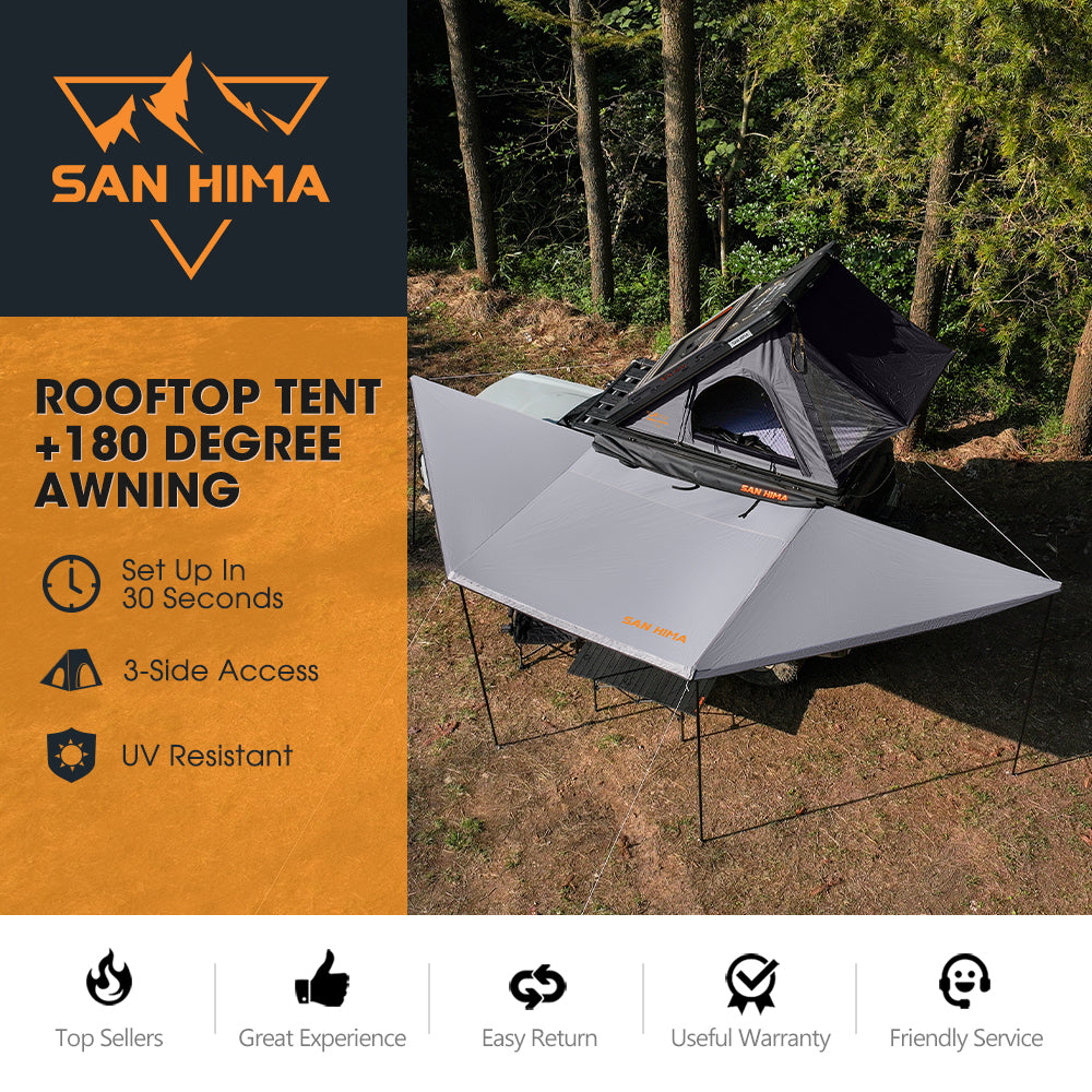 San Hima 180° Free-Standing Awning + Rooftop Tent + Roof Rack + 2xCamping Chairs - Sunyee