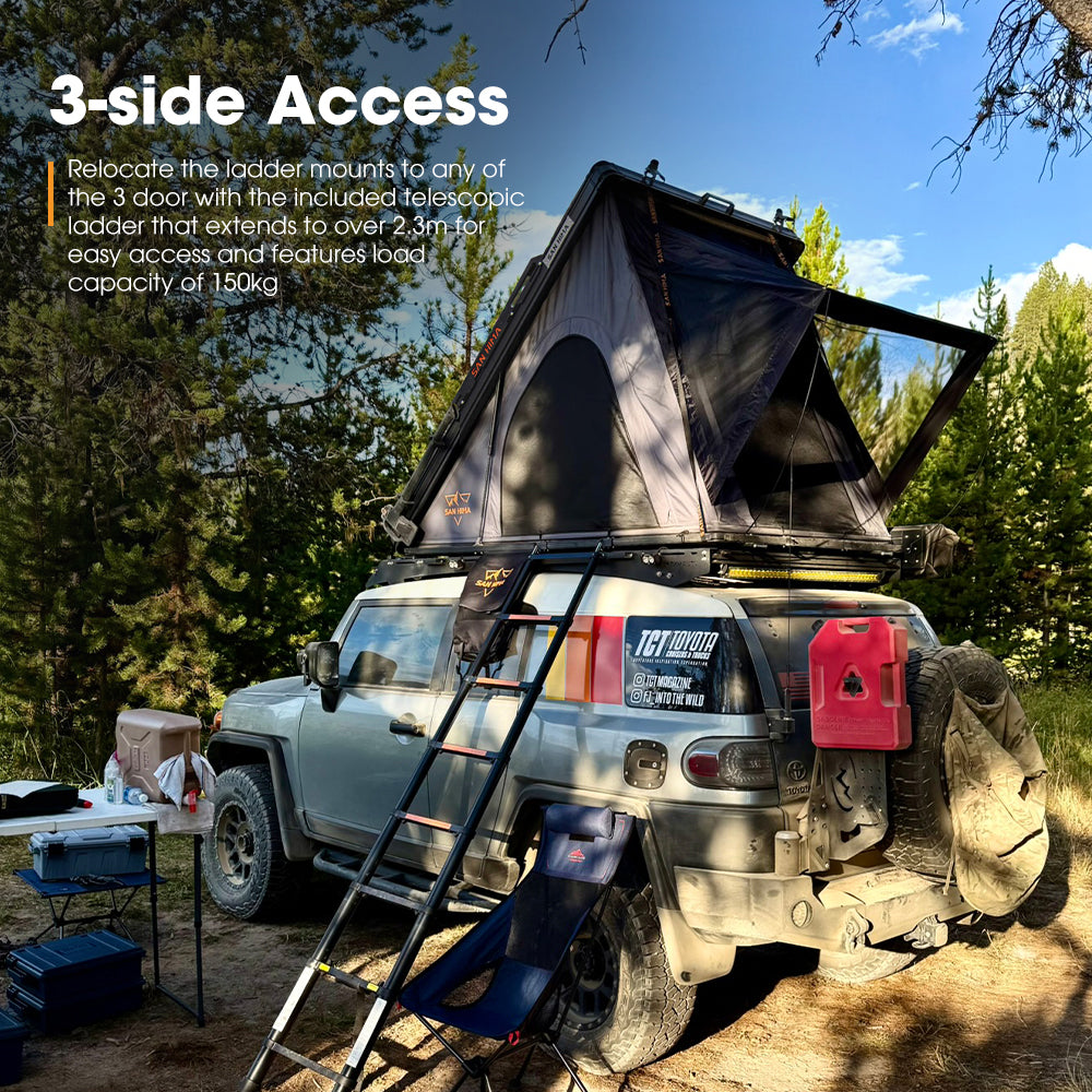 San Hima 180° Free-Standing Awning + Rooftop Tent + Roof Rack + 2xCamping Chairs - Sunyee