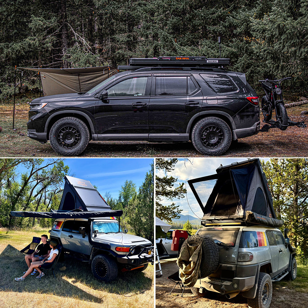 San Hima 180° Free-Standing Awning + Rooftop Tent + Roof Rack + 2xCamping Chairs