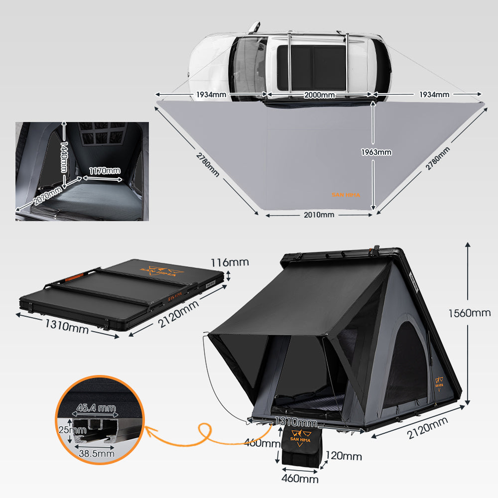 San Hima 180° Free-Standing Awning + Rooftop Tent + Roof Rack + 2xCamping Chairs - Sunyee