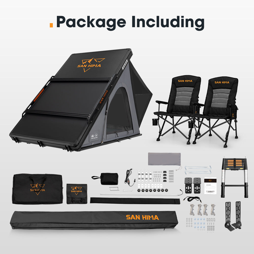 San Hima 180° Free-Standing Awning + Rooftop Tent + Roof Rack + 2xCamping Chairs