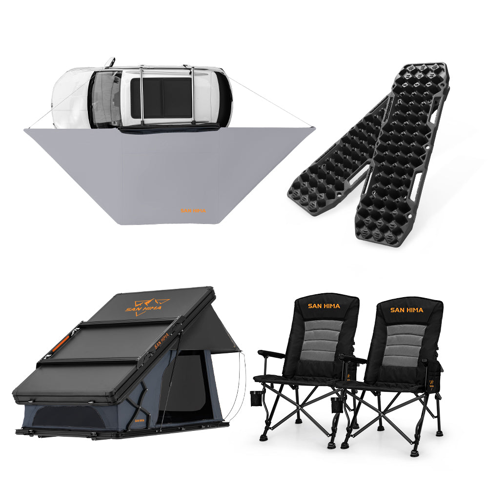 San Hima 180° Awning+Rooftop Tent+2xCamping Chairs+2xRecovery Boards Black - Sunyee