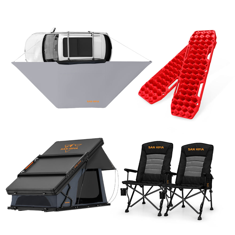 San Hima 180° Awning+Rooftop Tent+2xCamping Chairs+2xRecovery Boards Red - Sunyee