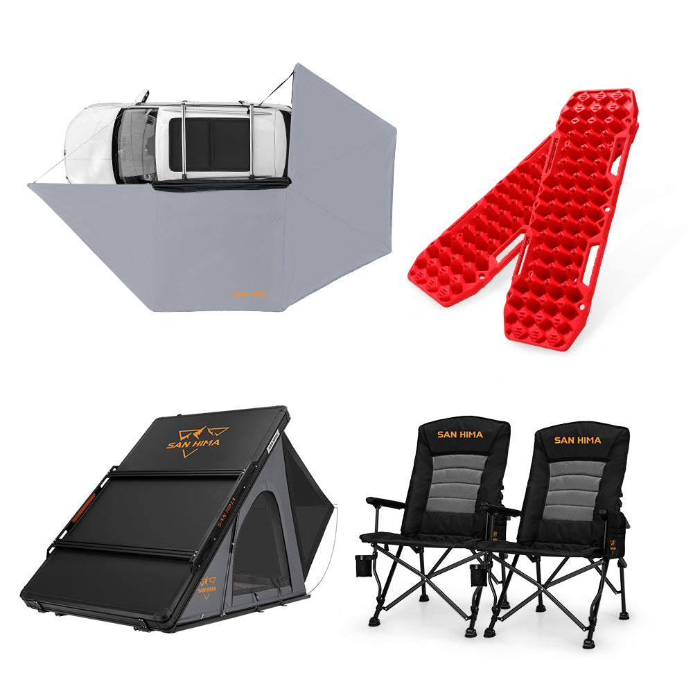 San Hima 270° Awning+Rooftop Tent&Rack+2xCamping Chairs+2xRecovery Boards Red - Sunyee