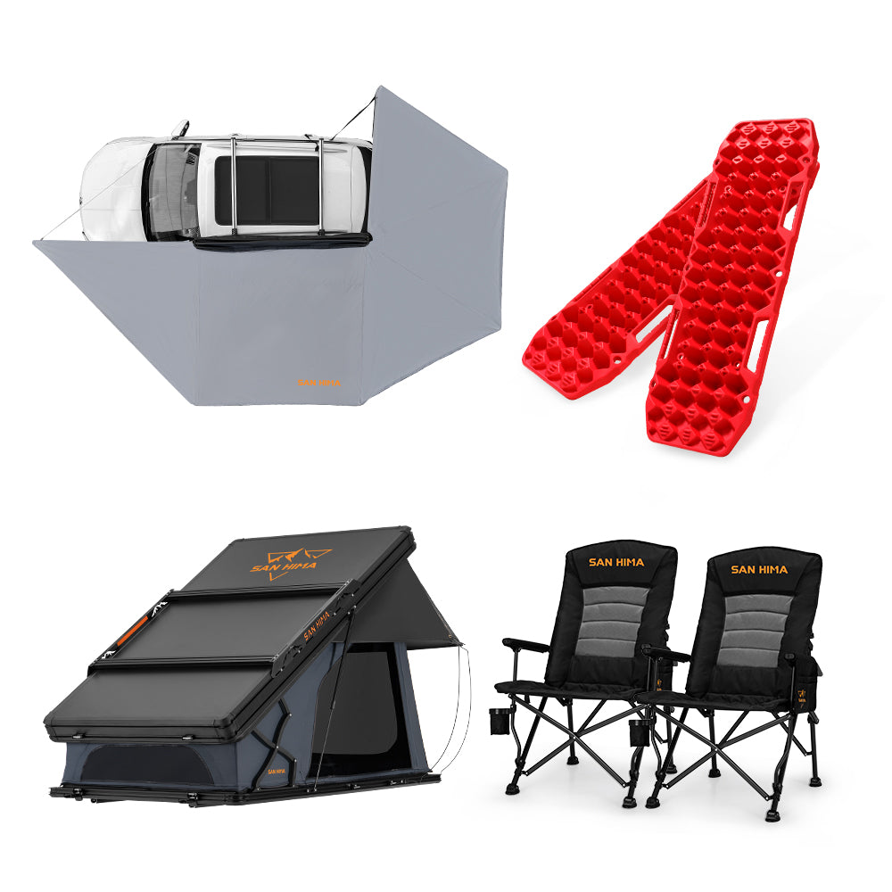 San Hima 270° Awning+Rooftop Tent+2xCamping Chairs+2xRecovery Boards Red - Sunyee