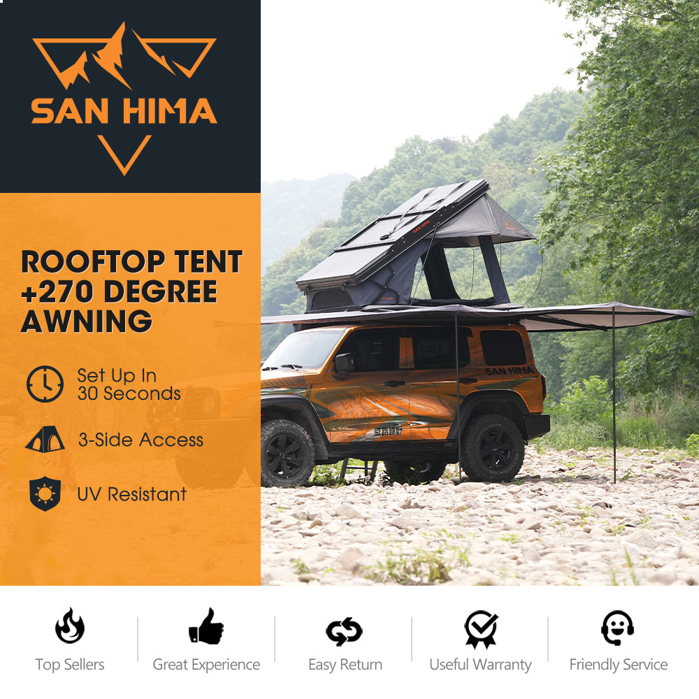 San Hima 270° Awning+Rooftop Tent+2xCamping Chairs+2xRecovery Boards Red - Sunyee