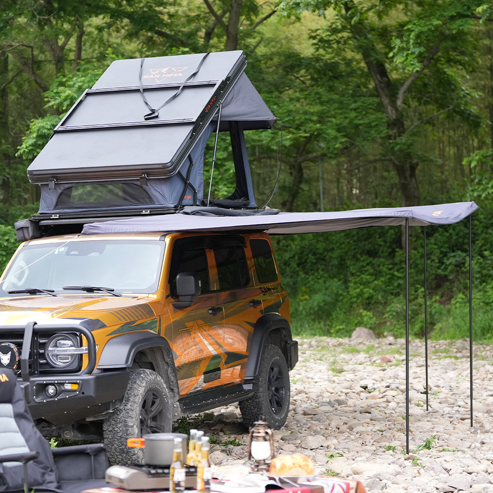 San Hima 270° Awning+Rooftop Tent+2xCamping Chairs+2xRecovery Boards Black - Sunyee