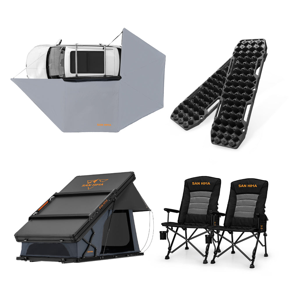 San Hima 270° Awning+Rooftop Tent+2xCamping Chairs+2xRecovery Boards Black - Sunyee