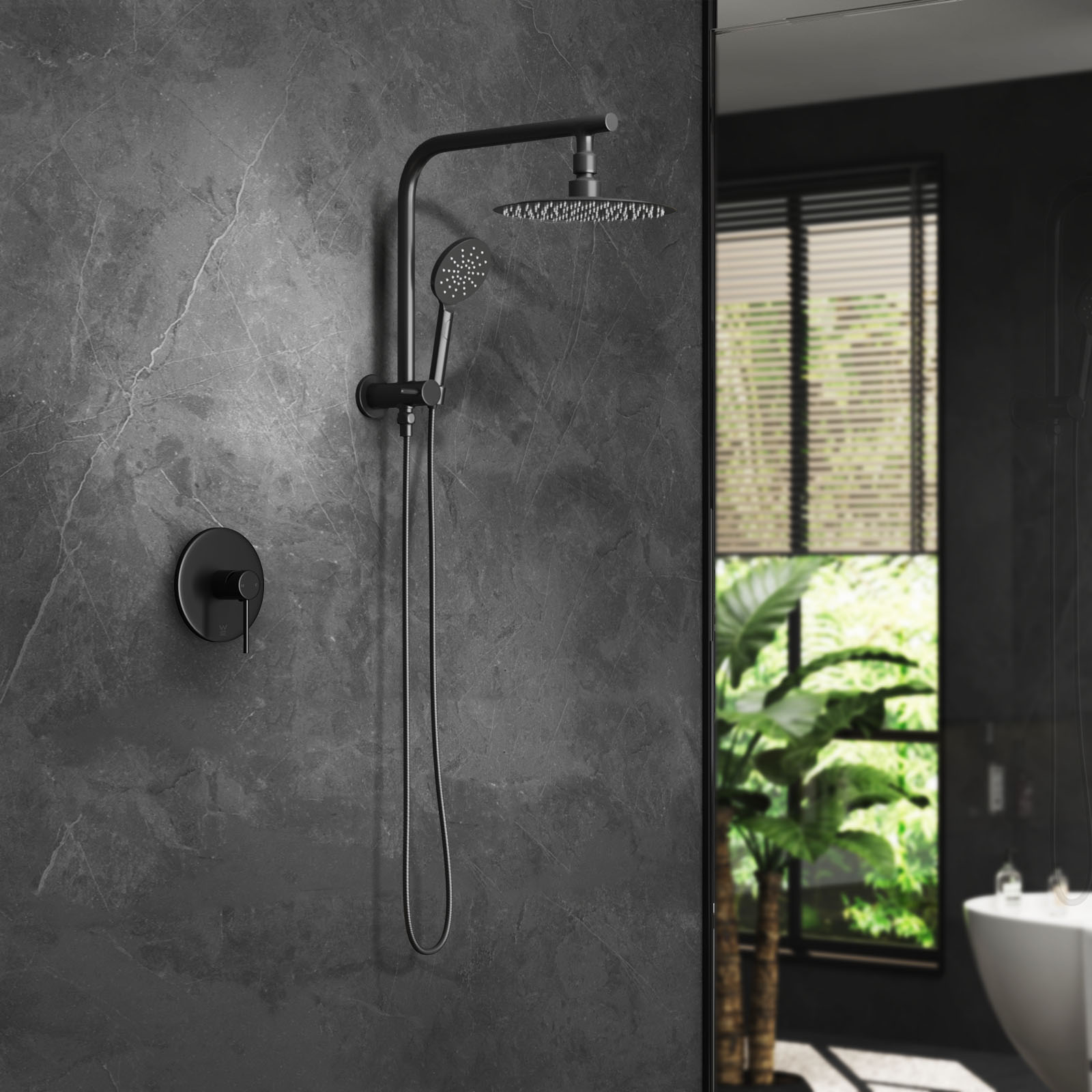 Welba 10" Rain Shower Head Set With Mixer Round 3-Mode Handheld Shower Black - Sunyee