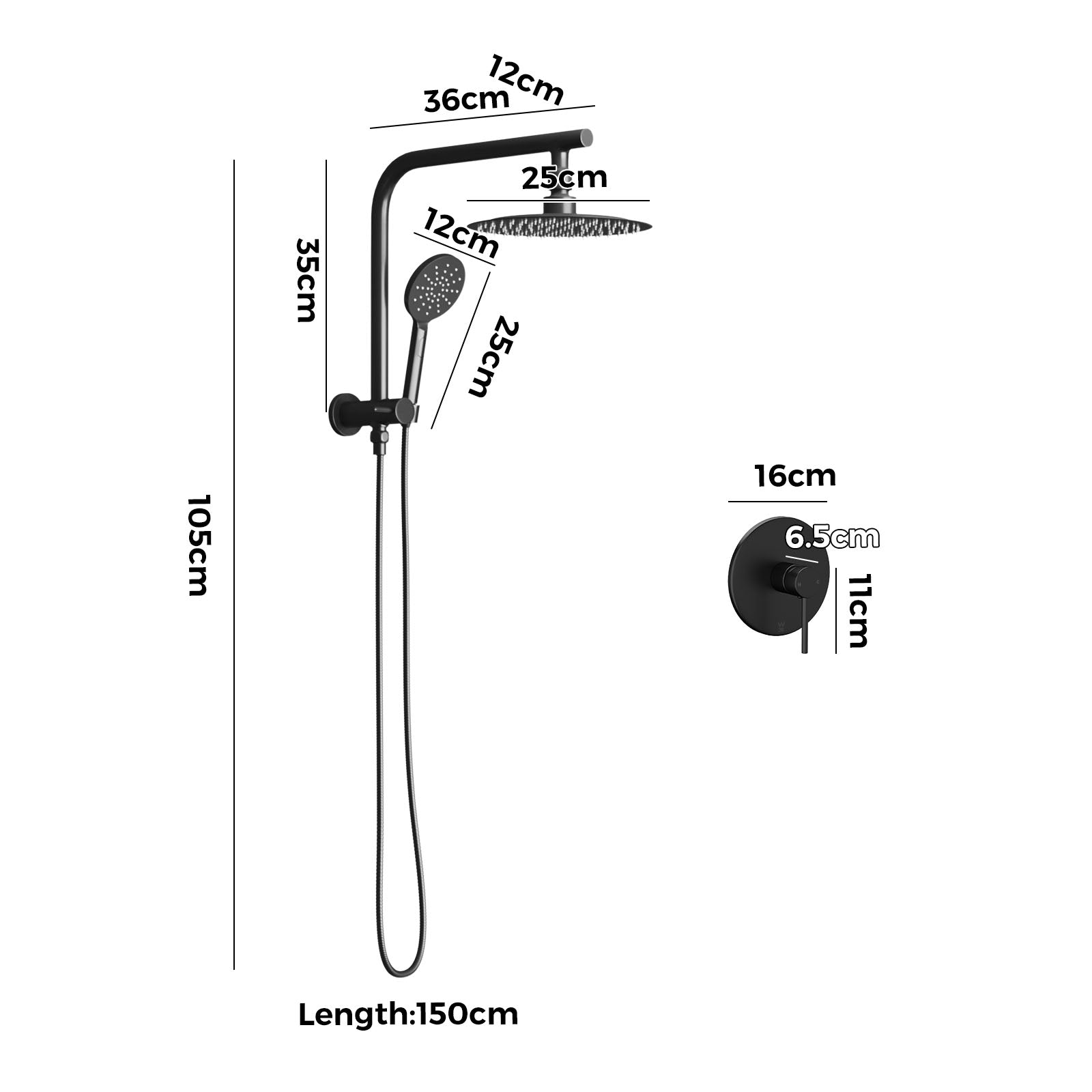 Welba 10" Rain Shower Head Set With Mixer Round 3-Mode Handheld Shower Black - Sunyee