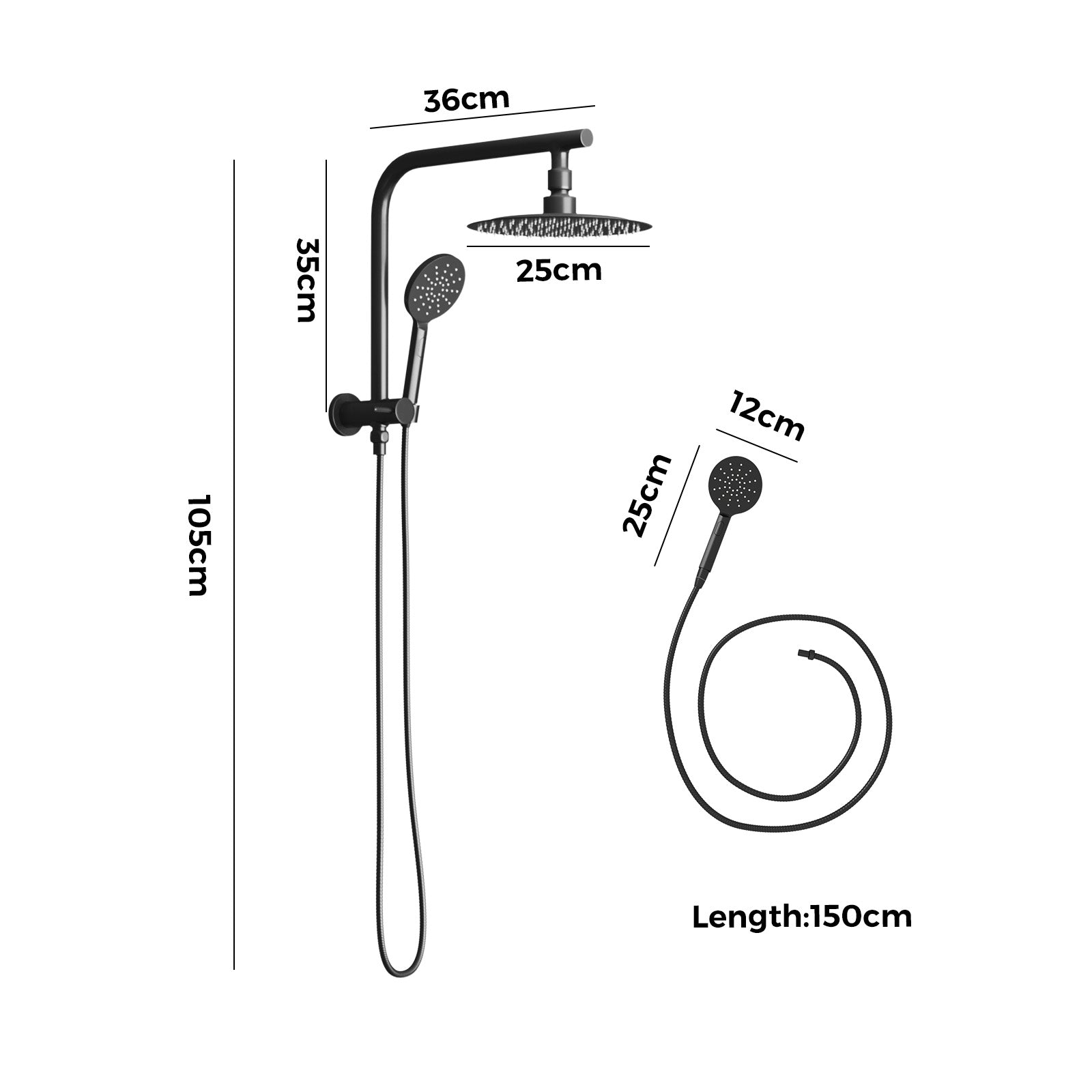 Welba 10" Rain Shower Head Set Round 3-Mode Handheld Shower Gooseneck Black - Sunyee