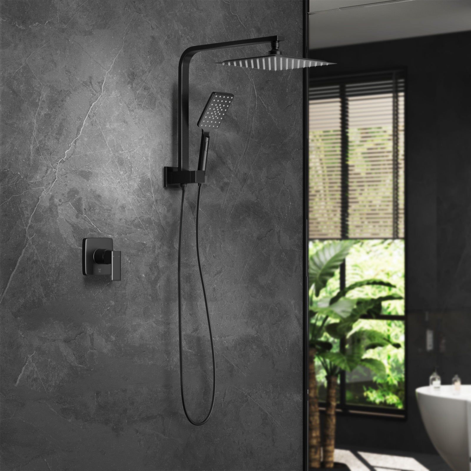 Welba 10" Rain Shower Head Set With Mixer Square 3-Mode Handheld Shower Black - Sunyee