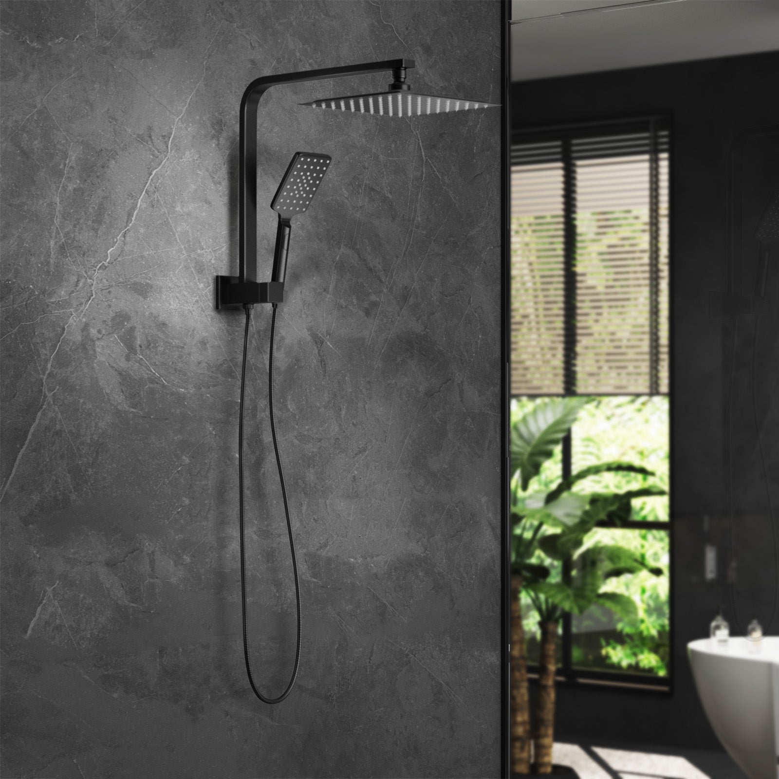 Welba 10" Rain Shower Head Set Square 3-Mode Handheld Shower Gooseneck Black - Sunyee