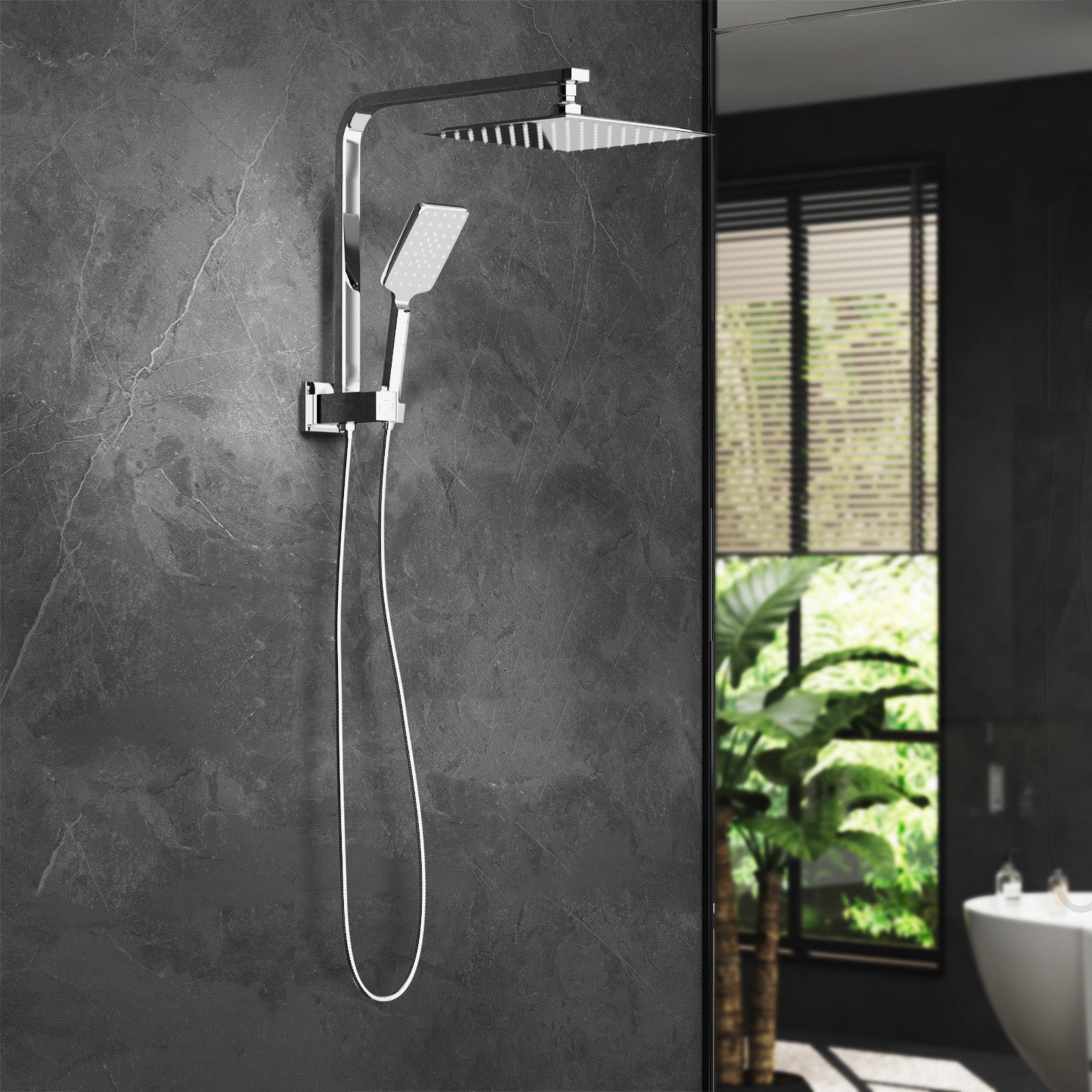 Welba 10" Rain Shower Head Set Square 3-Mode Handheld Shower Gooseneck Chrome - Sunyee