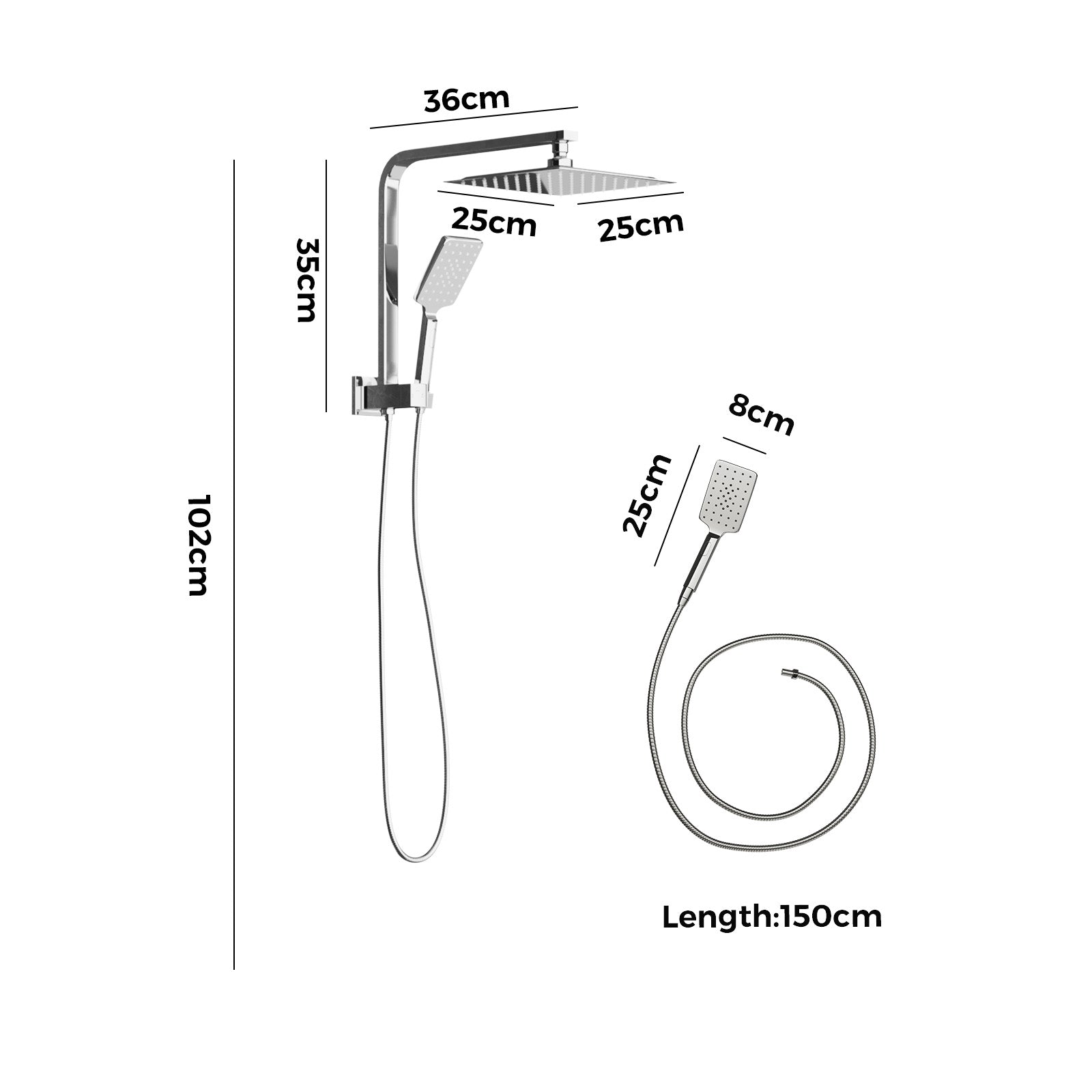 Welba 10" Rain Shower Head Set Square 3-Mode Handheld Shower Gooseneck Chrome - Sunyee
