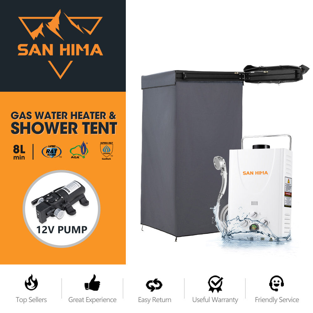 San Hima Shower Awning Tent Instant Fold-Out Ensuite + 8L Gas Hot Water Heater - Sunyee