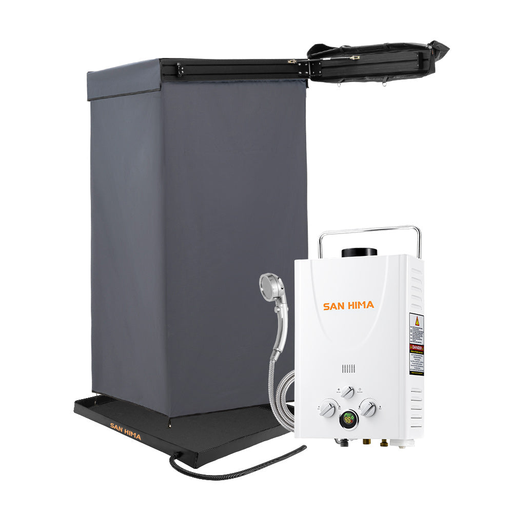 San Hima Shower Awning Instant Tent +Gas Hot Water Heater White+Shower Tent Base - Sunyee