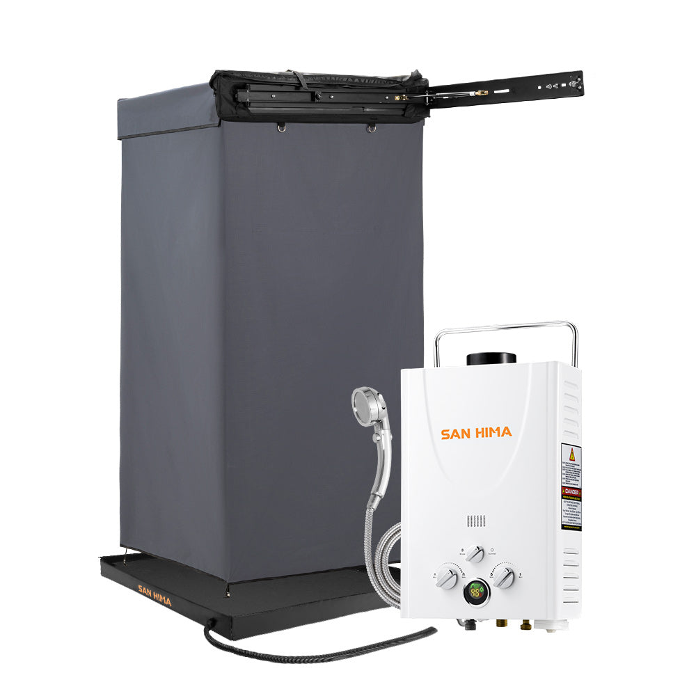 San Hima Shower Awning Instant Tent +Gas Hot Water Heater White+Shower Tent Base - Sunyee