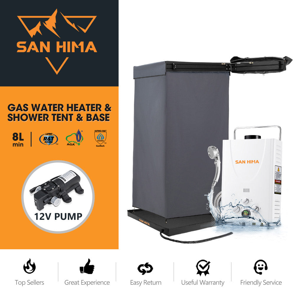 San Hima Shower Awning Instant Tent +Gas Hot Water Heater White+Shower Tent Base - Sunyee