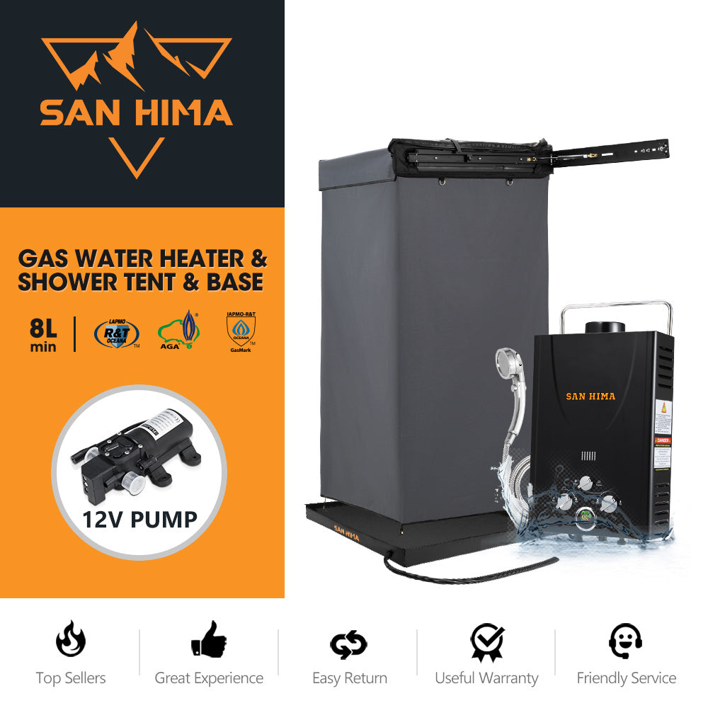 San Hima Shower Awning Instant Tent +Gas Hot Water Heater Black+Shower Tent Base - Sunyee