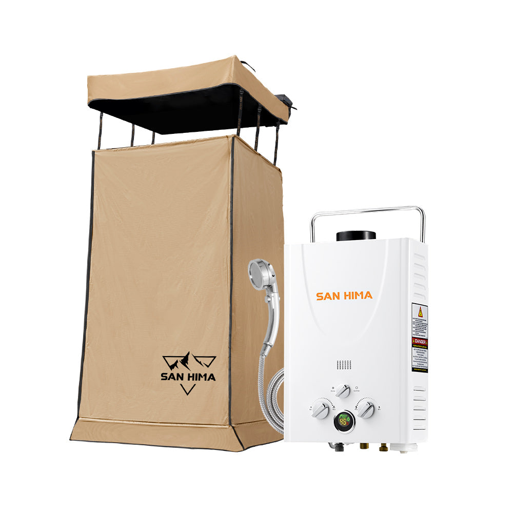 San Hima Camping Shower Tent Awning Fold-Out Instant Ensuite + 8L Gas Hot Water Heater - Sunyee
