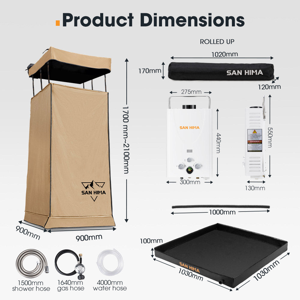 San Hima Camping Shower Tent Brown +Gas Hot Water Heater White +Shower Tent Base - Sunyee