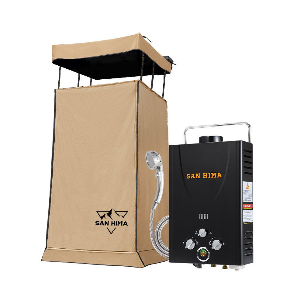 San Hima Camping Shower Tent Awning Fold-Out Instant With 8L Gas Hot Water Heater - Sunyee