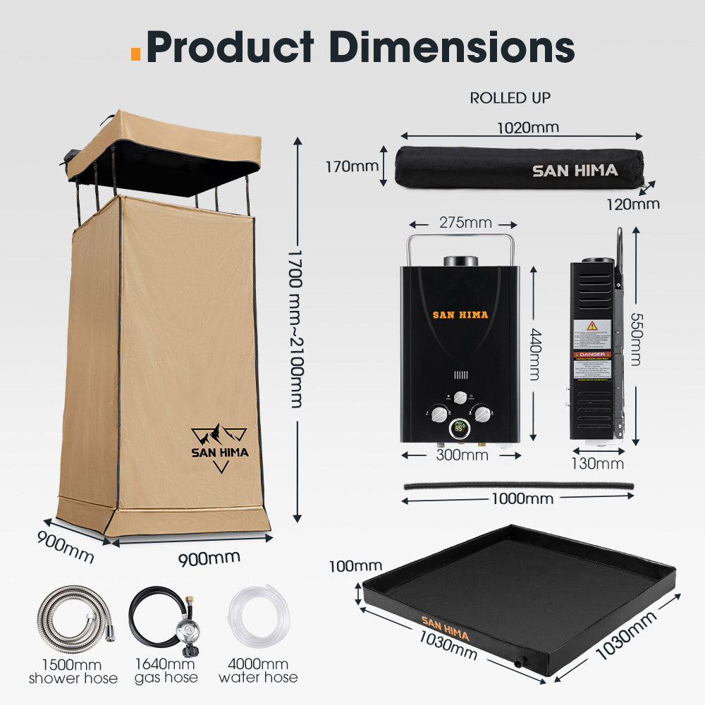San Hima Camping Shower Tent Brown +Gas Hot Water Heater Black +Shower Tent Base - Sunyee