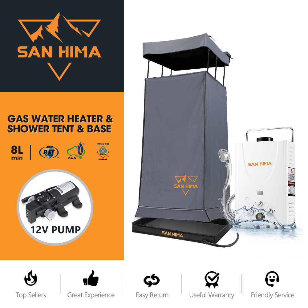 San Hima Camping Shower Tent Grey + Gas Hot Water Heater White +Shower Tent Base - Sunyee