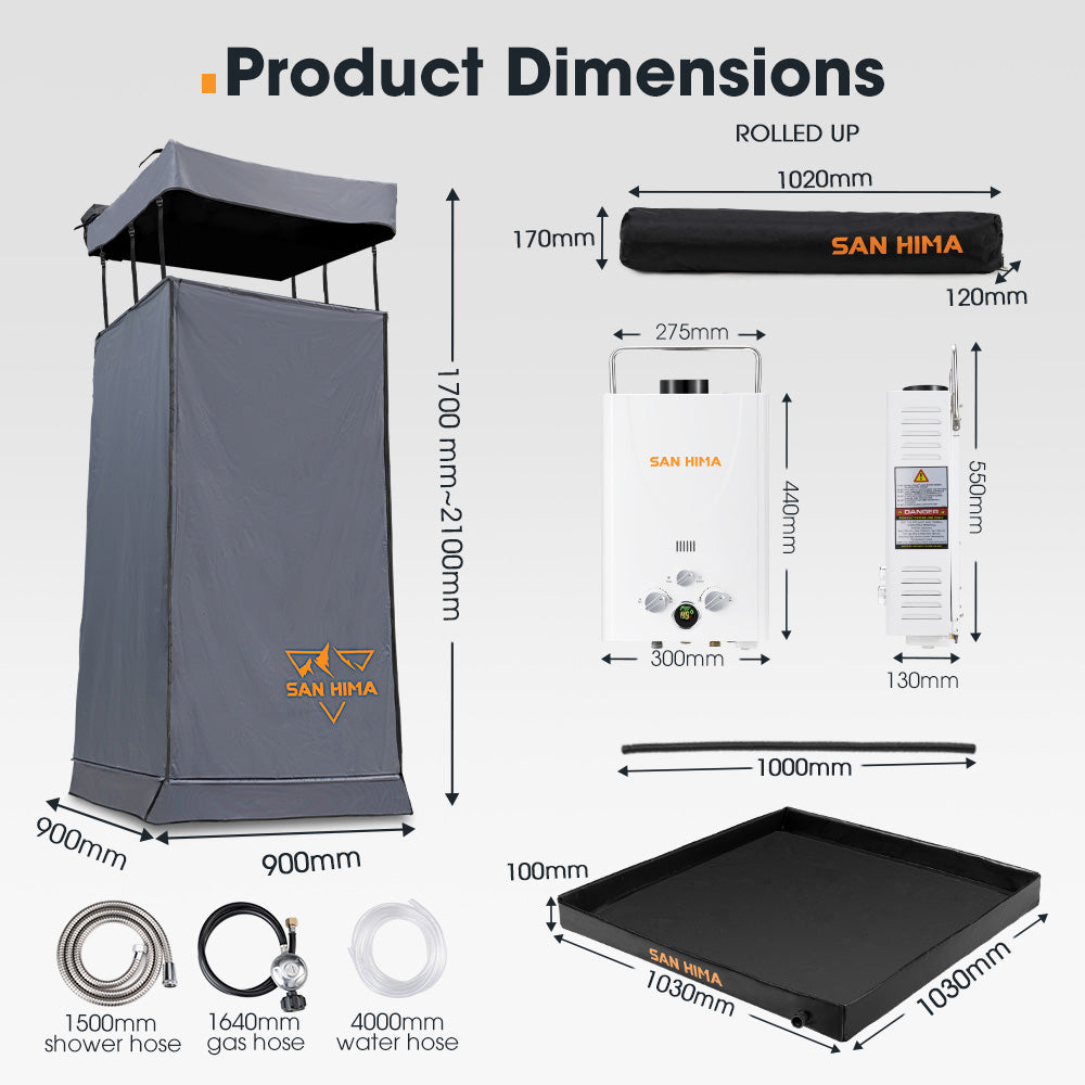 San Hima Camping Shower Tent Grey + Gas Hot Water Heater White +Shower Tent Base - Sunyee