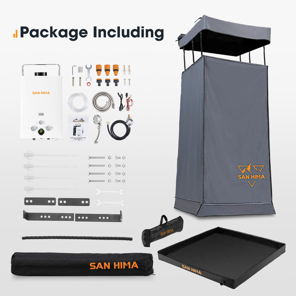 San Hima Camping Shower Tent Grey + Gas Hot Water Heater White +Shower Tent Base - Sunyee